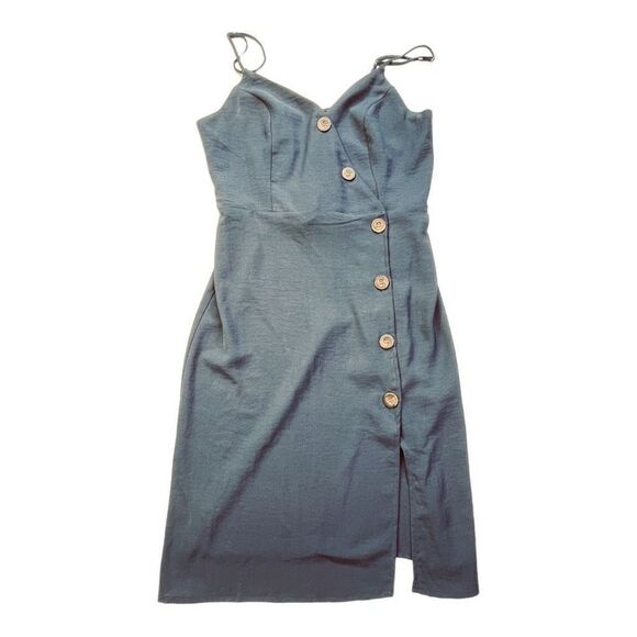 Timing Women’s Asymmetrical Button Up Spaghetti Strap Navy Blue Dress Sz S - Picture 8 of 12